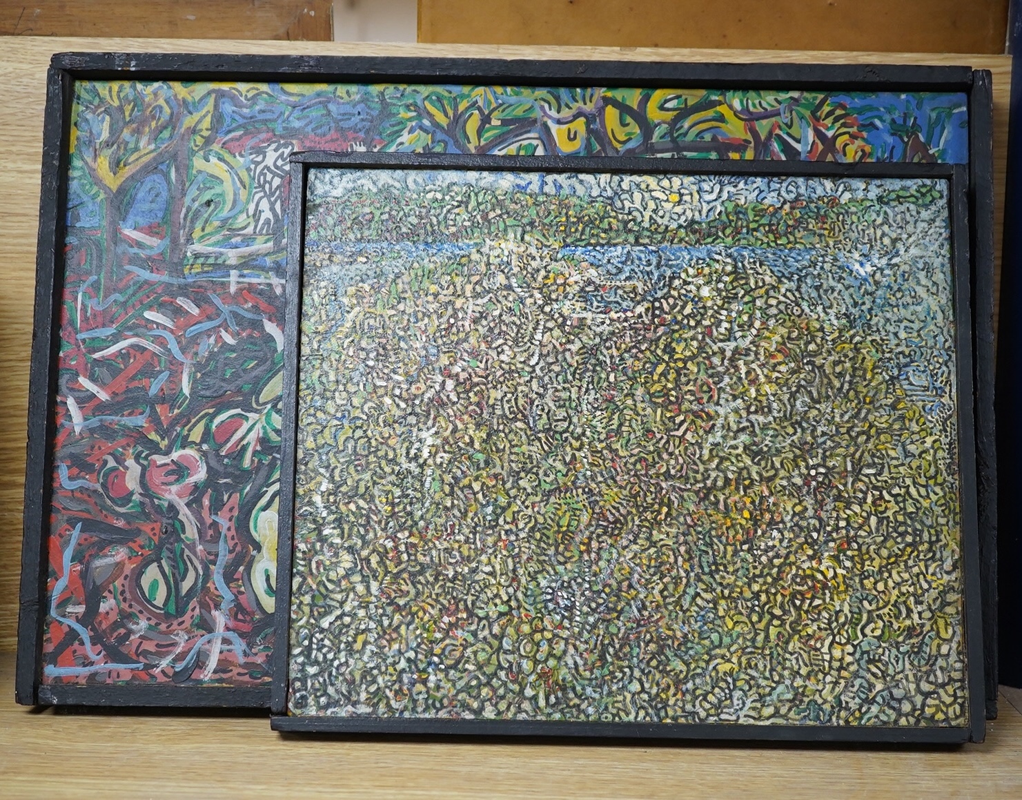 Larry Connatser, two abstract expressionist paintings, largest 30 x 46cm. Condition - good